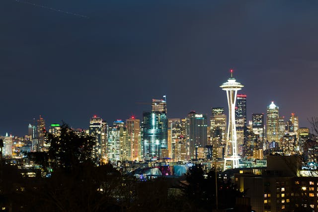 Tall buildings in Seattle during the night
